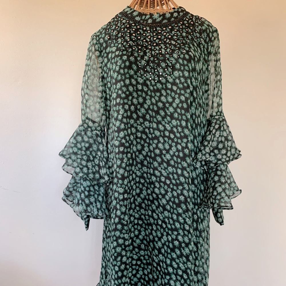 Anthropologie | Ranna Gill Flutter Sleeve Floral Tunic Dress Green Mirrors